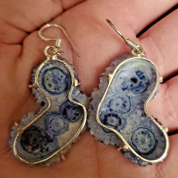 New Oversized Blue Solar Quartz Agate Silver Earrings. - Picture 6 of 14